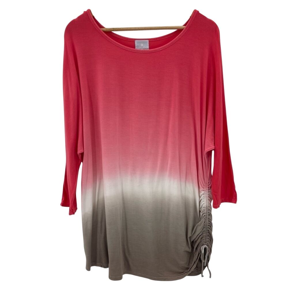 Sunday Super Soft Coral to Beige Ombré 3/4 Sleeve Ruched Side Shirt Top Size 1X